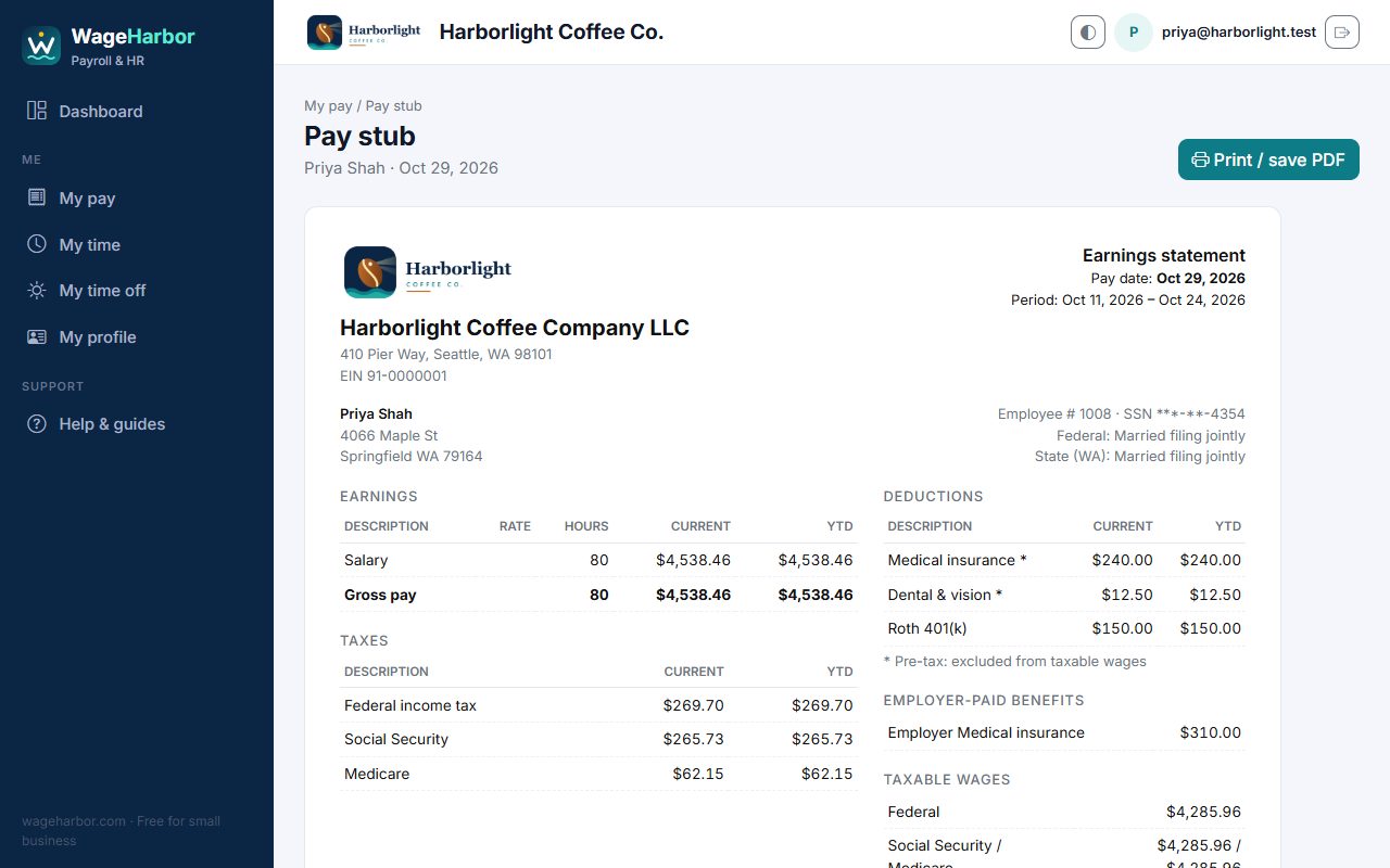 An employee's pay stub with the company logo